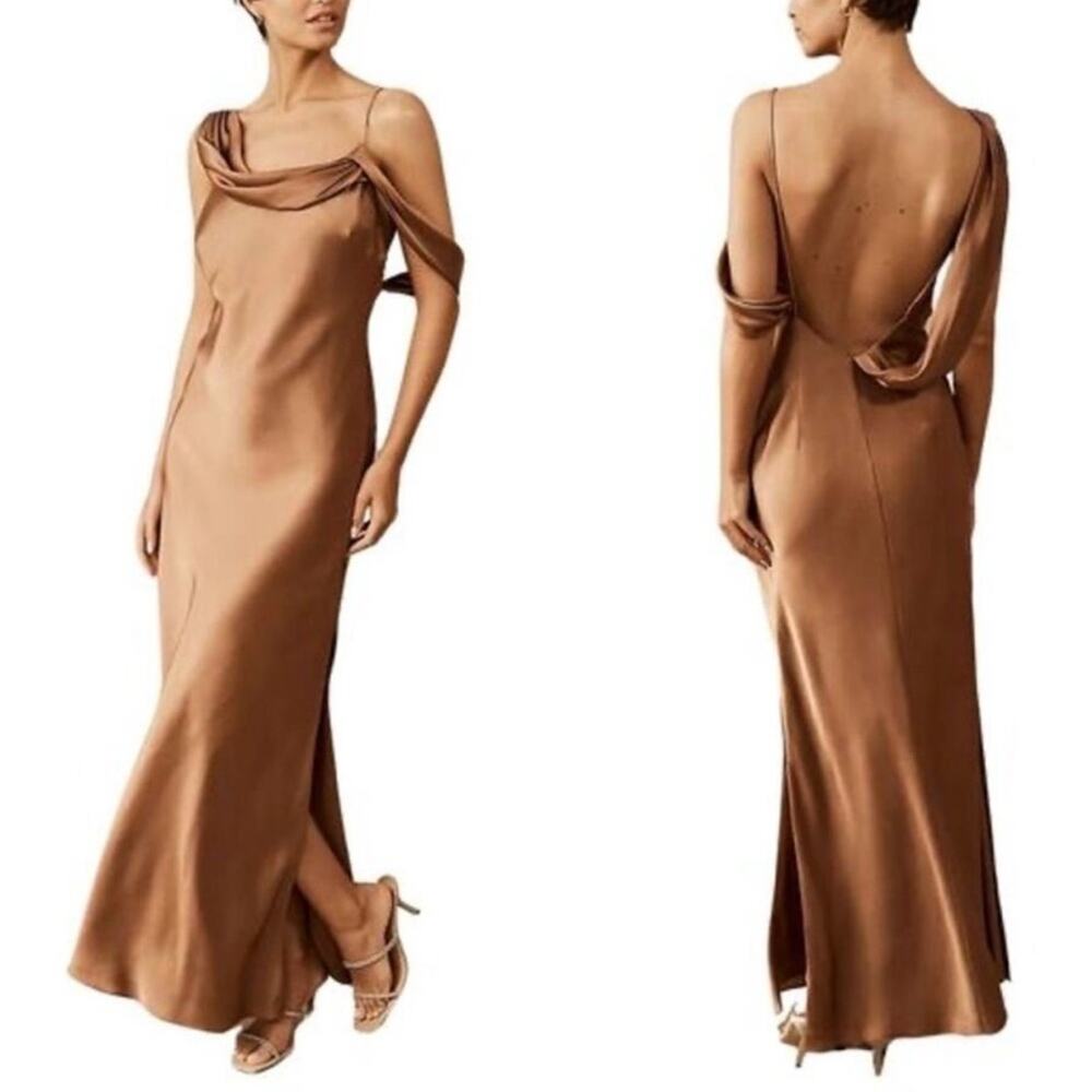 Fame and Partners Francois Bronze Satin Draped Maxi Dress Size 12 NWT
